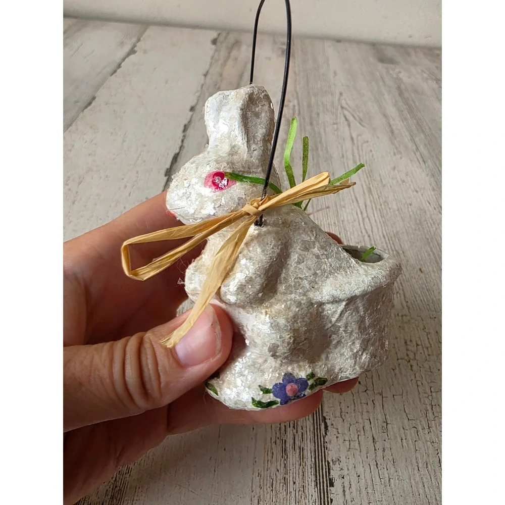 Vintage paper mache bunny rabbit Easter basket mini paper decor spring